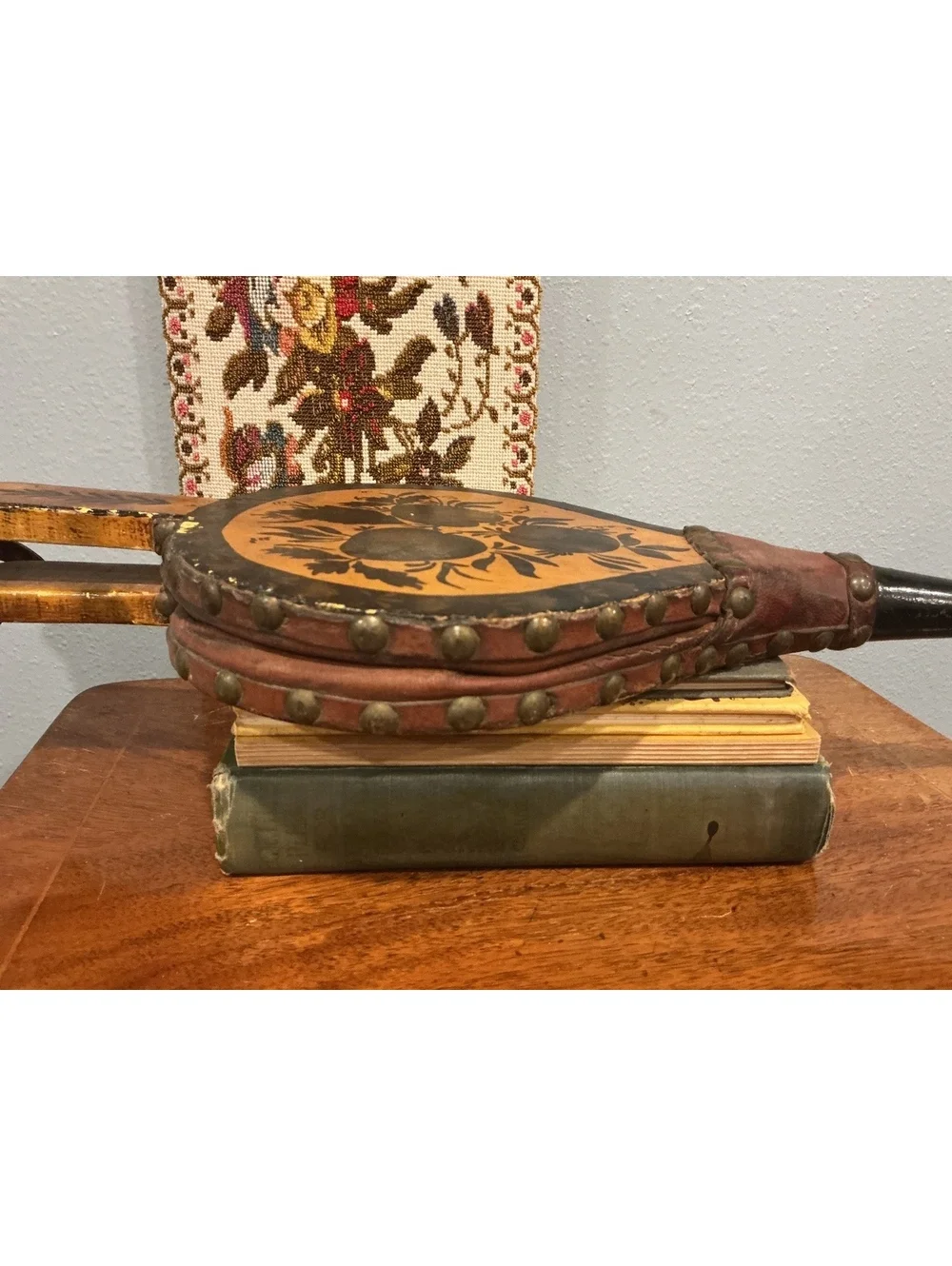 Vintage Tole Painted Fireplace Bellows, Hand Painted Fruit Design, Wood Leather